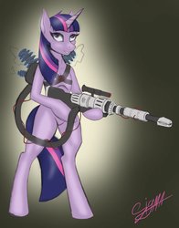 Size: 1004x1280 | Tagged: safe, artist:sigmatura, twilight sparkle, unicorn, semi-anthro, g4, female, grin, mare, simple background, smiling, solo, weapon