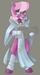 Size: 683x1280 | Tagged: safe, artist:sigmatura, cheerilee, earth pony, semi-anthro, g4, adepta sororitas, armor, bolter, crossover, female, grin, power armor, simple background, smiling, solo, warhammer (game), warhammer 40k, weapon