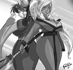 Size: 2333x2217 | Tagged: safe, artist:shonuff44, princess celestia, princess luna, human, g4, anime, big breasts, breasts, busty princess celestia, busty princess luna, cleavage, clothes, crossover, grayscale, high res, humanized, imperial guard, monochrome, royal sisters, saber marionette