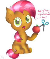 Size: 1024x1194 | Tagged: safe, artist:pinkiepie6680, babs seed, earth pony, pony, g4, apple, female, filly, food, scissors, simple background, solo, transparent background