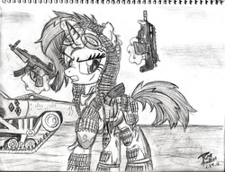 Size: 2173x1671 | Tagged: safe, artist:radiancebreaker, rarity, pony, g4, bandolier, bullet farmer, car, crossover, female, goggles, levitation, mad max, mad max fury road, magic, monochrome, scar, solo, submachinegun, tank (vehicle), telekinesis, traditional art