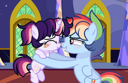 Size: 967x628 | Tagged: dead source, safe, artist:moon-rose-rosie, rainbow dash, oc, oc:celestial moon, pony, unicorn, g4, boop, duo, female, filly, holding a pony, magical lesbian spawn, mother and daughter, noseboop, offspring, parent:rainbow dash, parent:twilight sparkle, parents:twidash