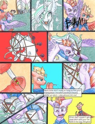 Size: 1950x2550 | Tagged: safe, artist:tillie-tmb, oc, oc:moonlight sigil, oc:strafe, oc:wingline, pony, unicorn, comic:the amulet of shades, comic, net, traditional art, tranquilizer dart