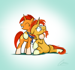 Size: 1024x956 | Tagged: safe, artist:oinktweetstudios, stellar flare, sunburst, pony, unicorn, g4, cute, female, glasses, happy, hug, male, mare, mother and son, mother's day, nervous, smiling, stallion, sweat