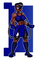 Size: 1450x2048 | Tagged: safe, artist:ryujisama, princess luna, human, g4, armor, armor skirt, boots, boxing, boxing gloves, clothes, commission, compression shorts, dark skin, hair over one eye, humanized, midriff, muscles, princess muscle moona, shoes, shorts, skirt, sports, sports bra