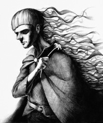 Size: 3024x3629 | Tagged: safe, artist:amarthgul, edit, stygian, human, g4, cape, clothes, darkness, flower, grayscale, hatching (technique), high res, humanized, male, monochrome, solo, traditional art