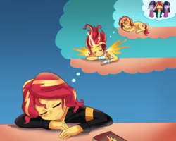 Size: 800x640 | Tagged: safe, artist:tzc, sci-twi, sunset shimmer, twilight sparkle, human, pony, equestria girls, g4, best friends, clothes, cute, daydream shimmer, dream, dress, drool, eyes closed, female, friendshipping, inception, jacket, journal, leather jacket, male, pun, ship:sunset twiangle, simpsons did it, sleeping, the simpsons, twiabetes, twilight sparkle (alicorn), twolight, visual pun, we need to go deeper