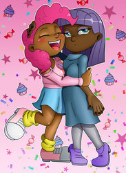 Size: 1861x2543 | Tagged: safe, artist:chacrawarrior, maud pie, pinkie pie, human, g4, clothes, commission, converse, couple, dark skin, female, humanized, inaccurate humanization, pie sisters, shoes, siblings, sisters, skirt, socks, stockings, thigh highs