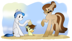 Size: 6593x3777 | Tagged: safe, artist:ggchristian, oc, oc only, oc:andy, oc:gg christian, earth pony, hippogriff, pony, chibi, female, mare, sand