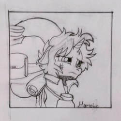 Size: 811x811 | Tagged: safe, artist:joliuko, starlight glimmer, pony, unicorn, g4, the mean 6, backpack, female, lamp, messy mane, monochrome, solo, traditional art