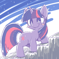 Size: 700x700 | Tagged: safe, artist:nyankamedon, twilight sparkle, pony, unicorn, g4, blush sticker, blushing, cute, cutie mark, female, filly, filly twilight sparkle, smiling, solo, stairs, twiabetes, unicorn twilight, younger