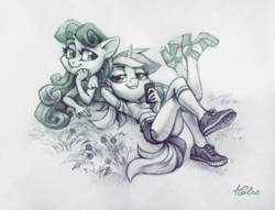 Size: 2281x1745 | Tagged: safe, artist:holivi, bon bon, lyra heartstrings, sweetie drops, earth pony, unicorn, anthro, plantigrade anthro, g4, clothes, female, high heels, lesbian, mare, monochrome, ship:lyrabon, shipping, shoes, signature, sketch, smiling, sneakers