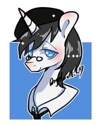 Size: 774x947 | Tagged: safe, artist:snow angel, oc, oc:schwarz, pony, unicorn, bust, collar, glasses, hat, looking at you, male, smiling, stallion