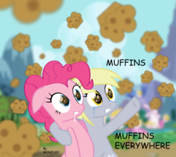 Size: 6928x6157 | Tagged: safe, artist:monzuky, derpy hooves, pinkie pie, pony, g4, absurd resolution, crying, drool, duo, female, food, happy, mare, meme, muffin, x x everywhere
