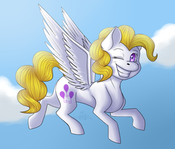 Size: 1000x850 | Tagged: safe, artist:ladydragonx, surprise, pony, g1, cloud, female, flying, one eye closed, solo, wink