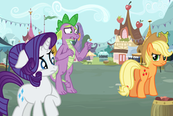 Size: 1184x794 | Tagged: safe, artist:starryoak, applejack, rarity, spike, earth pony, pony, unicorn, g4, alternate hairstyle, argument, female, male, older, older spike, ship:sparity, shipping, story in the source, straight