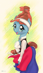 Size: 1993x3328 | Tagged: safe, artist:jh, meadowbrook, earth pony, pony, g4, abstract background, bipedal, clothes, dress, female, happy, mare, meadowcute, smiling, solo, southern belle, traditional dress, wind