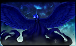 Size: 3162x1897 | Tagged: safe, artist:witch house, princess luna, alicorn, pony, a hearth's warming tail, g4, cloud, female, impossibly large wings, luna's future, mare, night, shooting star, sky, solo, spread wings, wings