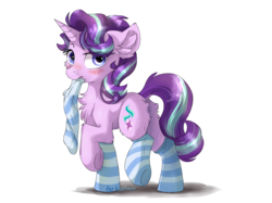 Size: 1707x1280 | Tagged: safe, artist:kaliner123, starlight glimmer, pony, unicorn, g4, blushing, chest fluff, clothes, ear fluff, female, mare, messy mane, mouth hold, raised hoof, simple background, sock, socks, solo, striped socks, transparent background, underhoof