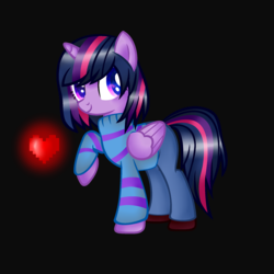 Size: 2000x2000 | Tagged: safe, artist:artzy-jamie7302, twilight sparkle, alicorn, pony, g4, alternate hairstyle, black background, clothes, crossover, determination, female, frisk, heart, high res, mare, simple background, solo, twilight friskle, twilight sparkle (alicorn), undertale