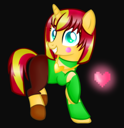 Size: 1696x1744 | Tagged: safe, artist:artzy-jamie7302, sunset shimmer, pony, unicorn, g4, alternate hairstyle, black background, chara, charaset, clothes, crossover, female, heart, mare, simple background, solo, undertale