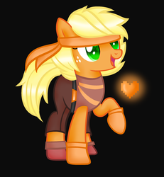 Size: 2000x2160 | Tagged: safe, artist:artzy-jamie7302, applejack, earth pony, pony, g4, alternate hairstyle, black background, clothes, crossover, female, headband, heart, high res, mare, simple background, solo, undertale