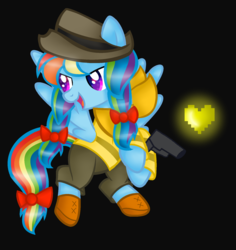 Size: 1708x1808 | Tagged: safe, artist:artzy-jamie7302, rainbow dash, pegasus, pony, g4, alternate hairstyle, black background, bow, crossover, female, gun, hat, justice, mare, simple background, solo, undertale, weapon