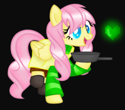 Size: 1836x1616 | Tagged: safe, artist:artzy-jamie7302, fluttershy, pegasus, pony, g4, alternate hairstyle, black background, clothes, crossover, female, heart, kindness, mare, pan, simple background, solo, undertale