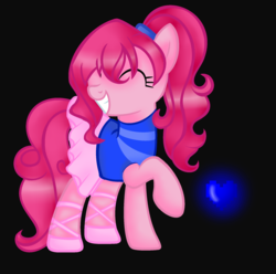 Size: 1944x1928 | Tagged: safe, artist:artzy-jamie7302, pinkie pie, earth pony, pony, g4, alternate hairstyle, ballet slippers, black background, clothes, crossover, cute, eyes closed, female, heart, integrity, mare, ponytail, shoes, simple background, skirt, smiling, solo, tutu, undertale