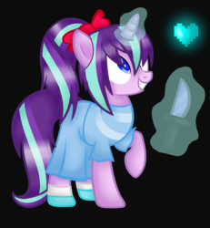 Size: 1900x2056 | Tagged: safe, artist:artzy-jamie7302, starlight glimmer, pony, g4, alternate hairstyle, black background, bow, clothes, crossover, female, heart, knife, magic, mare, patience, simple background, solo, telekinesis, undertale