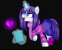 Size: 1804x1476 | Tagged: safe, artist:artzy-jamie7302, rarity, pony, unicorn, g4, alternate hairstyle, clothes, crossover, female, glasses, heart, magic, mare, notebook, perseverance, solo, undertale