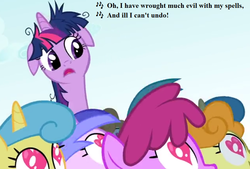 Size: 960x648 | Tagged: safe, edit, edited screencap, editor:korora, screencap, berry punch, berryshine, carrot top, daisy, flower wishes, golden harvest, lemon hearts, sea swirl, seafoam, twilight sparkle, g4, lesson zero, cropped, floppy ears, frazzled, gilbert and sullivan, heart eyes, lyrics, messy mane, song reference, text, the sorcerer (opera), twilight snapple, want it need it, wingding eyes