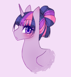 Size: 1572x1714 | Tagged: safe, artist:cristate, twilight sparkle, alicorn, pony, g4, bust, female, hair up, mare, purple background, simple background, solo, tangent, twilight sparkle (alicorn), updo