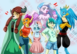 Size: 3508x2481 | Tagged: safe, artist:traupa, gallus, ocellus, sandbar, silverstream, smolder, yona, changedling, changeling, classical hippogriff, dragon, earth pony, griffon, hippogriff, yak, anthro, g4, school daze, season 8, blushing, breasts, clothes, crossed arms, dress, eyes closed, female, hands behind back, high res, implied nudity, male, midriff, short shirt, student six, thumbs up, waving