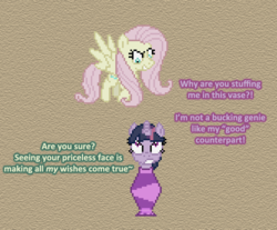 Size: 504x418 | Tagged: safe, artist:verve, mean fluttershy, mean twilight sparkle, alicorn, pegasus, pony, ask genie twilight, g4, the mean 6, clone, female, flying, mare, pixel art, vase