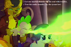 Size: 1134x756 | Tagged: safe, edit, edited screencap, editor:korora, screencap, applejack, capper dapperpaws, fluttershy, rainbow dash, rarity, spike, abyssinian, dragon, earth pony, pony, unicorn, anthro, g4, my little pony: the movie, behaving like a weapon, beware the nice ones, canterlot, chest fluff, cowboy hat, cropped, female, fire, fire breath, flamethrower spike, gilbert and sullivan, hat, lyrics, male, mare, princess ida, song reference, text, zippo spike