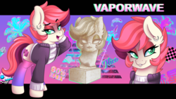 Size: 3840x2160 | Tagged: safe, artist:ciderpunk, oc, oc only, oc:vaporwave, pony, aesthetics, bedroom eyes, clothes, female, high res, mare, smiling, solo, statue