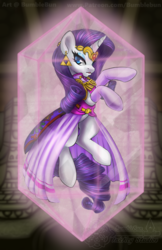 Size: 990x1530 | Tagged: safe, artist:bumblebun, part of a set, rarity, pony, unicorn, g4, bottomless, clothes, costume, crossover, dress, female, looking at you, magic, mare, nintendo, partial nudity, princess zelda, the legend of zelda, the legend of zelda: ocarina of time