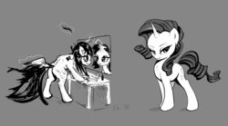 Size: 2052x1139 | Tagged: safe, artist:xbi, rarity, pony, unicorn, g4, before and after, grayscale, makeup, messy hair, messy mane, monochrome, morning ponies