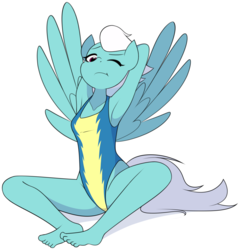 Size: 2510x2611 | Tagged: safe, artist:furrgroup, fleetfoot, pegasus, anthro, plantigrade anthro, g4, :t, arm behind head, armpits, barefoot, clothes, cute, diafleetes, feet, female, high res, mare, one eye closed, one-piece swimsuit, simple background, sitting, solo, stretching, swimsuit, uniform, white background, wonderbolts swimsuit, wonderbolts uniform