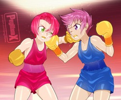 Size: 1280x1057 | Tagged: safe, artist:pugilismx, babs seed, scootaloo, human, g4, boxing, boxing gloves, fight, humanized, short hair, sports, trunks