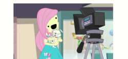 Size: 1006x464 | Tagged: safe, edit, edited screencap, screencap, fluttershy, dog, equestria girls, equestria girls series, g4, outtakes (episode), 1000 hours in ms paint, :d, camera, derp, downvote bait, masterpiece, nightmare fuel, pup-pup, what has science done