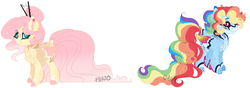 Size: 1319x466 | Tagged: safe, artist:vintage-owll, fluttershy, rainbow dash, pegasus, pony, g4, alternate design, base used, chest fluff, colored hooves, colored wings, colored wingtips, duo, ear fluff, female, hair bun, long tail, mare, multicolored wings, redesign, simple background, tail feathers, white background