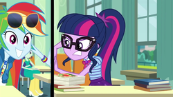 Size: 1280x720 | Tagged: safe, screencap, blueberry cake, rainbow dash, sci-twi, twilight sparkle, equestria girls, g4, my little pony equestria girls: better together, the last day of school, breaking the fourth wall, female, fourth wall, geode of super speed, geode of telekinesis, magical geodes