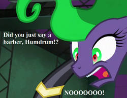 Size: 875x675 | Tagged: safe, edit, edited screencap, editor:korora, screencap, mane-iac, g4, power ponies (episode), big no, cropped, freaking out, imminent manecut, implied humdrum, text
