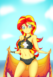 Size: 2645x3798 | Tagged: safe, anonymous artist, artist:grandzebulon, edit, sunset shimmer, equestria girls, equestria girls specials, g4, my little pony equestria girls: better together, my little pony equestria girls: forgotten friendship, beach, belly, belly button, bikini, clothes, curvy, female, geode of empathy, high res, hourglass figure, looking at you, ocean, ribcage, sand, solo, swimsuit, undressing
