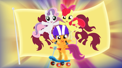 Size: 1020x574 | Tagged: safe, artist:sailortrekkie92, apple bloom, scootaloo, sweetie belle, earth pony, pegasus, pony, unicorn, flight to the finish, g4, cutie mark crusaders, female, filly, flag, helmet, pony pyramid, ponyville flag, scooter, trio