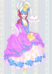 Size: 923x1299 | Tagged: safe, artist:ladyfayetale, pinkie pie, human, g4, cake, clothes, dress, female, food, humanized, rococo, solo, victorian