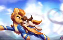 Size: 1943x1240 | Tagged: safe, artist:sugarlesspaints, featherweight, spitfire, pegasus, pony, g4, blurry, blurry background, blushing, carrying, clamping, clothes, cloud, cloudy, colt, commission, cute, duo, featherweight riding spitfire, female, flying, holding a pony, holding onto someone, hug, lidded eyes, looking back, male, mare, multiple variants, raised arm, riding, scared, sky, smiling, suit, uniform, wonderbolts uniform