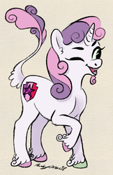 Size: 1559x2401 | Tagged: safe, artist:rubyorion, sweetie belle, classical unicorn, pony, unicorn, g4, cloven hooves, colored hooves, cutie mark, facial hair, female, filly, goatee, horn, leonine tail, one eye closed, raised hoof, solo, the cmc's cutie marks, unshorn fetlocks, wink